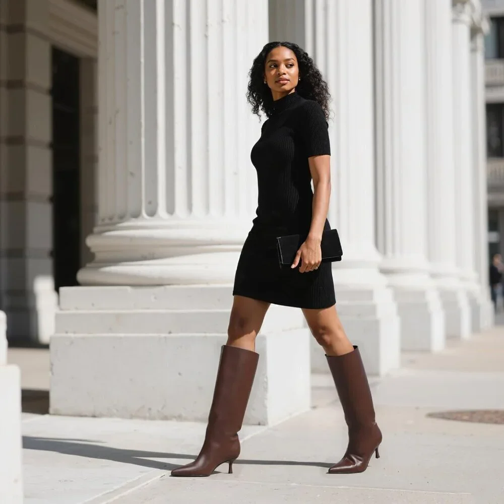 Women Brown Knee High Boots Kitten Heels Tall Pointed Toe Long Boots